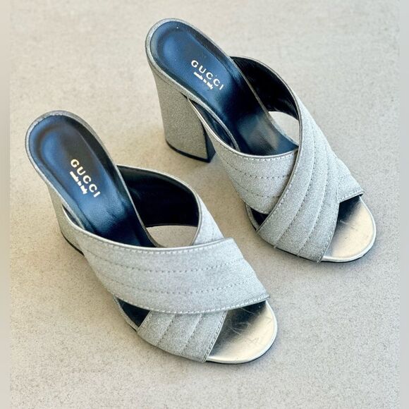 Gucci Webby Mules EU 38.5 US 8.5 Silver Glitter Block
Heel Criss Cross Sandals - Picture 9 of 10